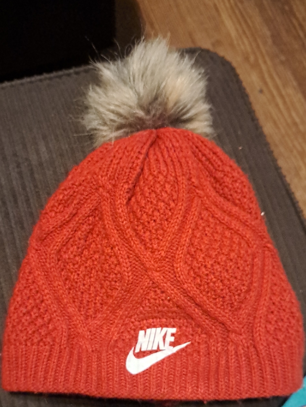 Nike Red Knit Beanie with Faux Fur Pom